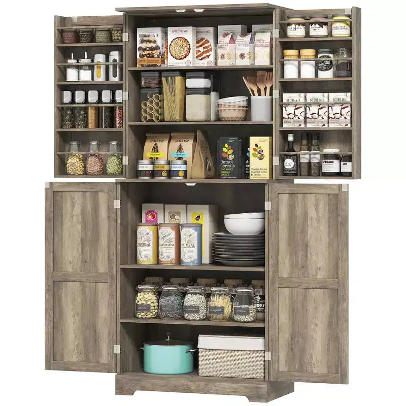 Farmhouse Kitchen Pantry, 72 Tall Pantry Cabinet with 4 Barn Doors, 4 Adjustable Shelves and 8 Door Shelves Wash