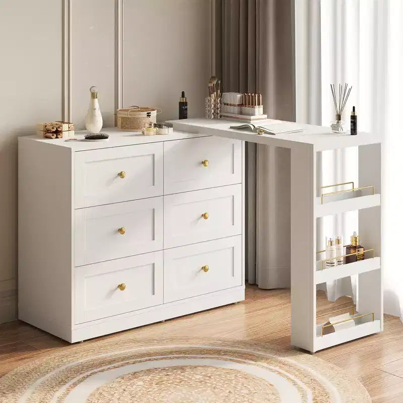 Heynemo 6-Drawer Extendable Corner Vanity Table and Dresser Combo with 3 Side Shelves, Makeup Vanity Desk, Wood Dressing Table for Bedroom