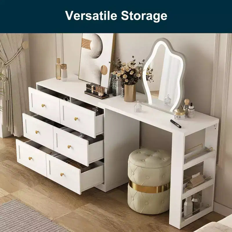 Heynemo 6-Drawer Extendable Corner Vanity Table and Dresser Combo with 3 Side Shelves, Makeup Vanity Desk, Wood Dressing Table for Bedroom