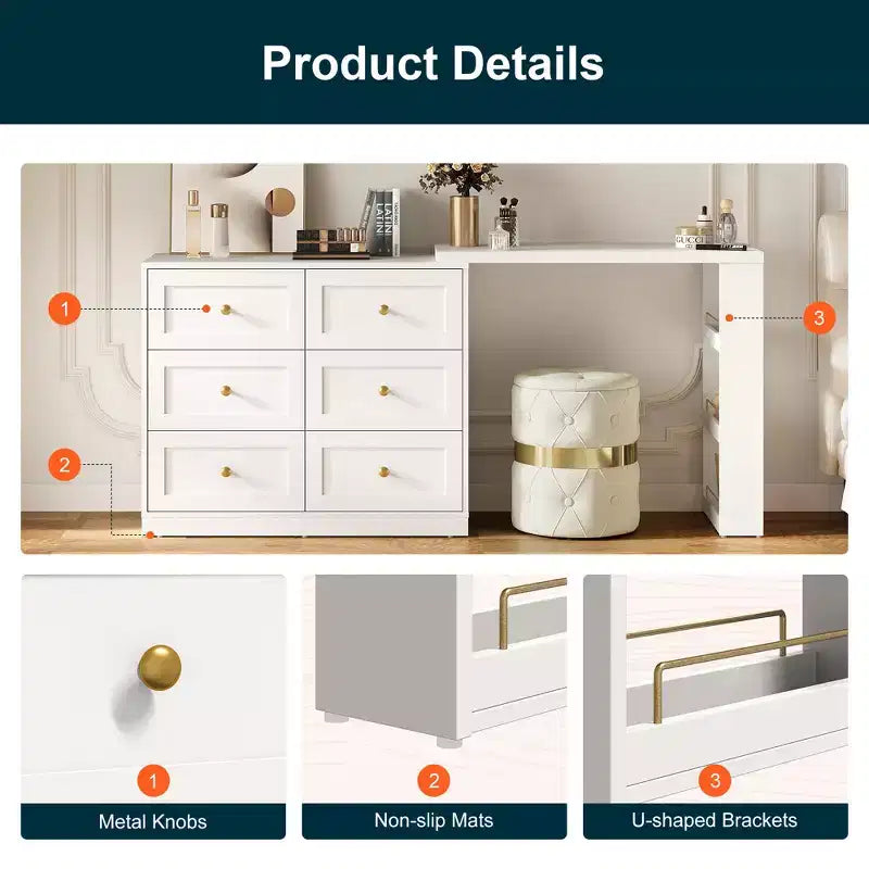Heynemo 6-Drawer Extendable Corner Vanity Table and Dresser Combo with 3 Side Shelves, Makeup Vanity Desk, Wood Dressing Table for Bedroom
