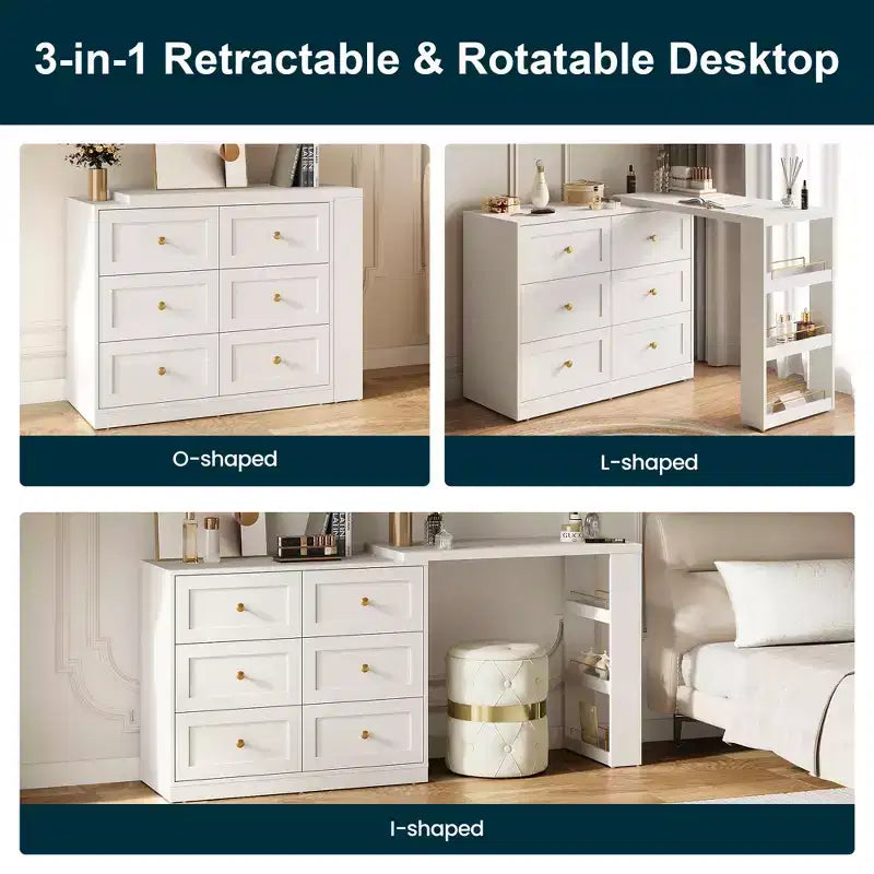 Heynemo 6-Drawer Extendable Corner Vanity Table and Dresser Combo with 3 Side Shelves, Makeup Vanity Desk, Wood Dressing Table for Bedroom