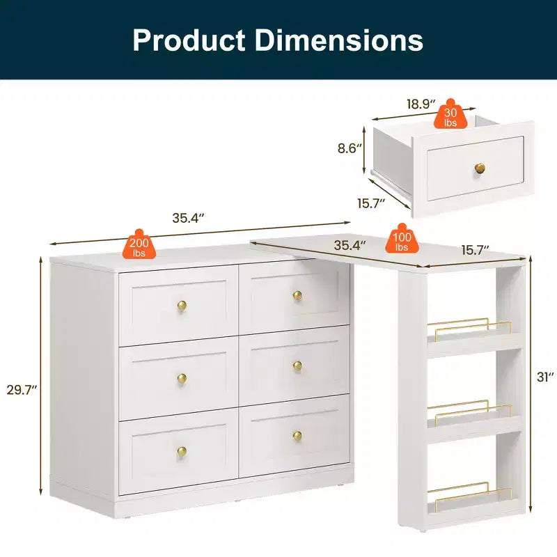 Heynemo 6-Drawer Extendable Corner Vanity Table and Dresser Combo with 3 Side Shelves, Makeup Vanity Desk, Wood Dressing Table for Bedroom