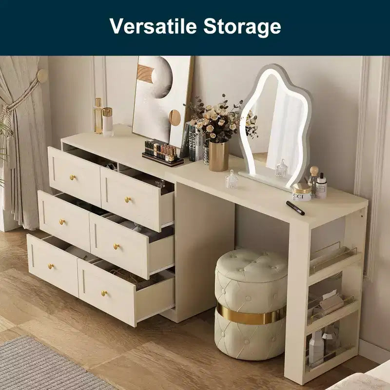 Heynemo 6-Drawer Extendable Corner Vanity Table and Dresser Combo with 3 Side Shelves, Makeup Vanity Desk, Wood Dressing Table for Bedroom
