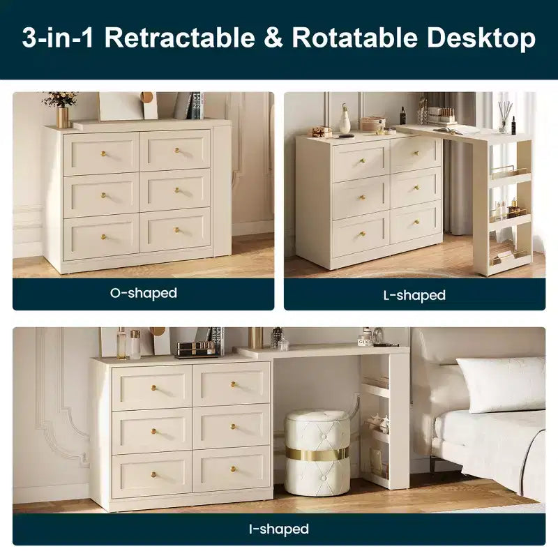Heynemo 6-Drawer Extendable Corner Vanity Table and Dresser Combo with 3 Side Shelves, Makeup Vanity Desk, Wood Dressing Table for Bedroom