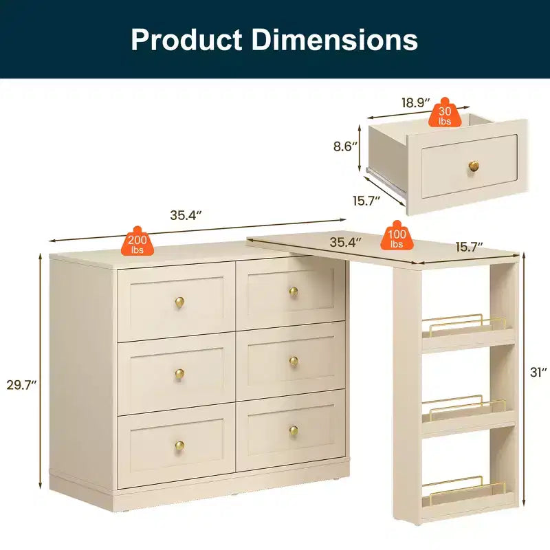 Heynemo 6-Drawer Extendable Corner Vanity Table and Dresser Combo with 3 Side Shelves, Makeup Vanity Desk, Wood Dressing Table for Bedroom
