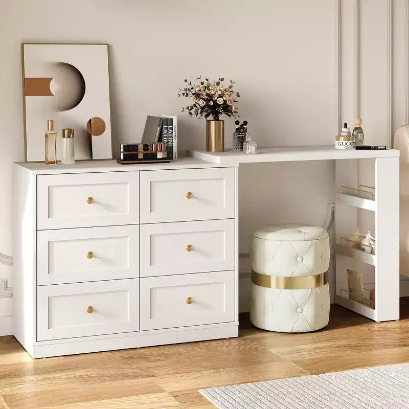 Heynemo 6-Drawer Extendable Corner Vanity Table and Dresser Combo with 3 Side Shelves, Makeup Vanity Desk, Wood Dressing Table for Bedroom