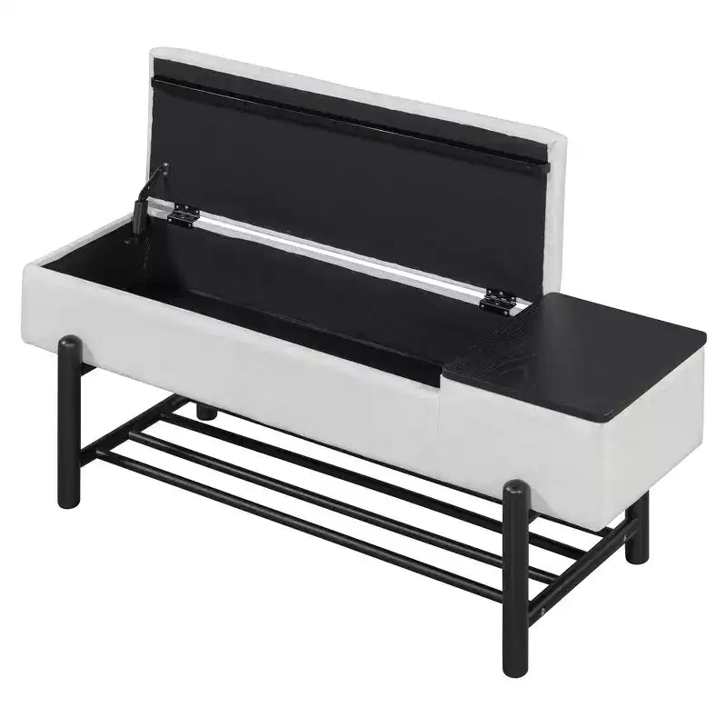 Farmhouse Upholstered Storage Bench, Modern Entryway Bench with Hidden Compartment & Lower Rack - ModernLuxe