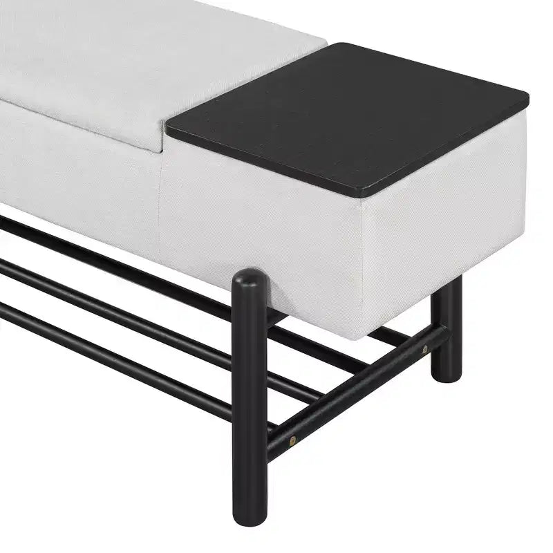 Farmhouse Upholstered Storage Bench, Modern Entryway Bench with Hidden Compartment & Lower Rack - ModernLuxe