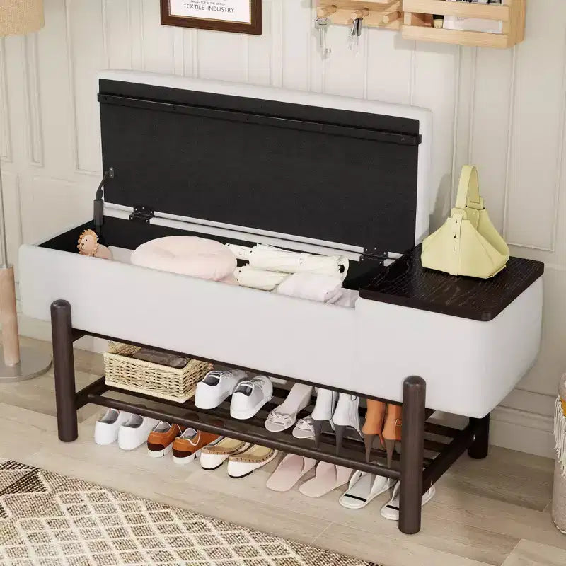 Farmhouse Upholstered Storage Bench, Modern Entryway Bench with Hidden Compartment & Lower Rack - ModernLuxe