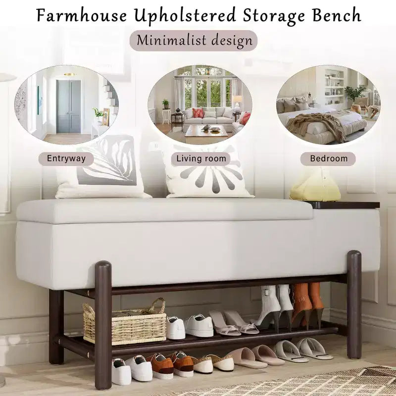 Farmhouse Upholstered Storage Bench, Modern Entryway Bench with Hidden Compartment & Lower Rack - ModernLuxe