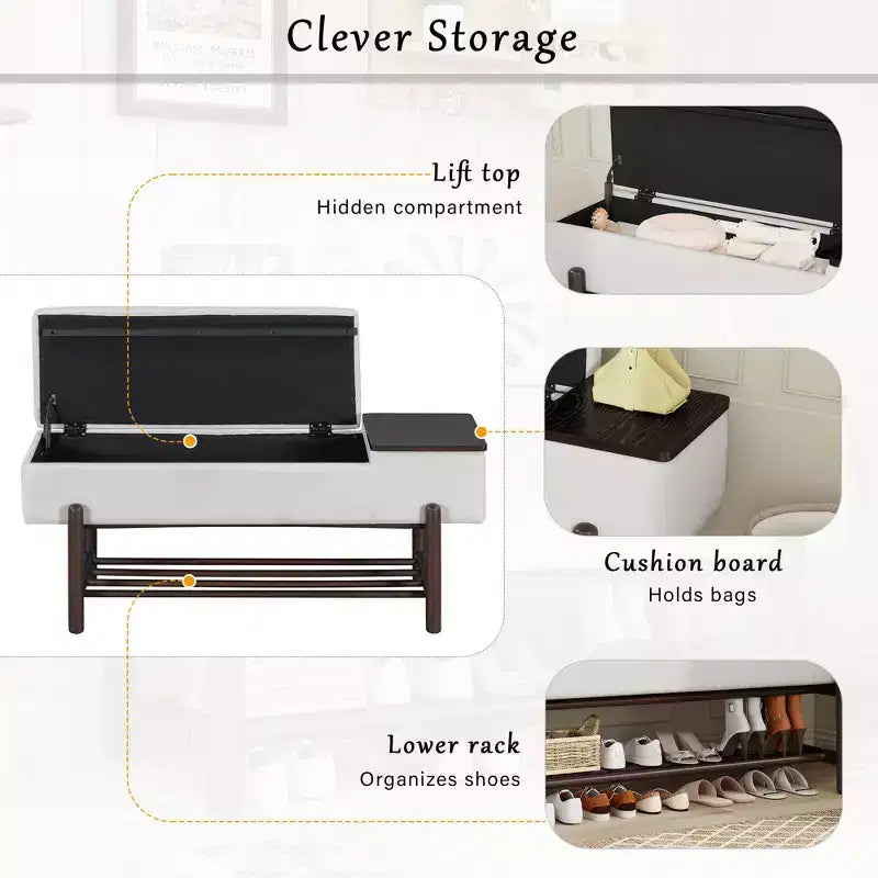 Farmhouse Upholstered Storage Bench, Modern Entryway Bench with Hidden Compartment & Lower Rack - ModernLuxe