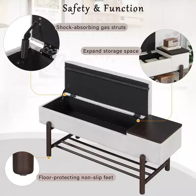 Farmhouse Upholstered Storage Bench, Modern Entryway Bench with Hidden Compartment & Lower Rack - ModernLuxe