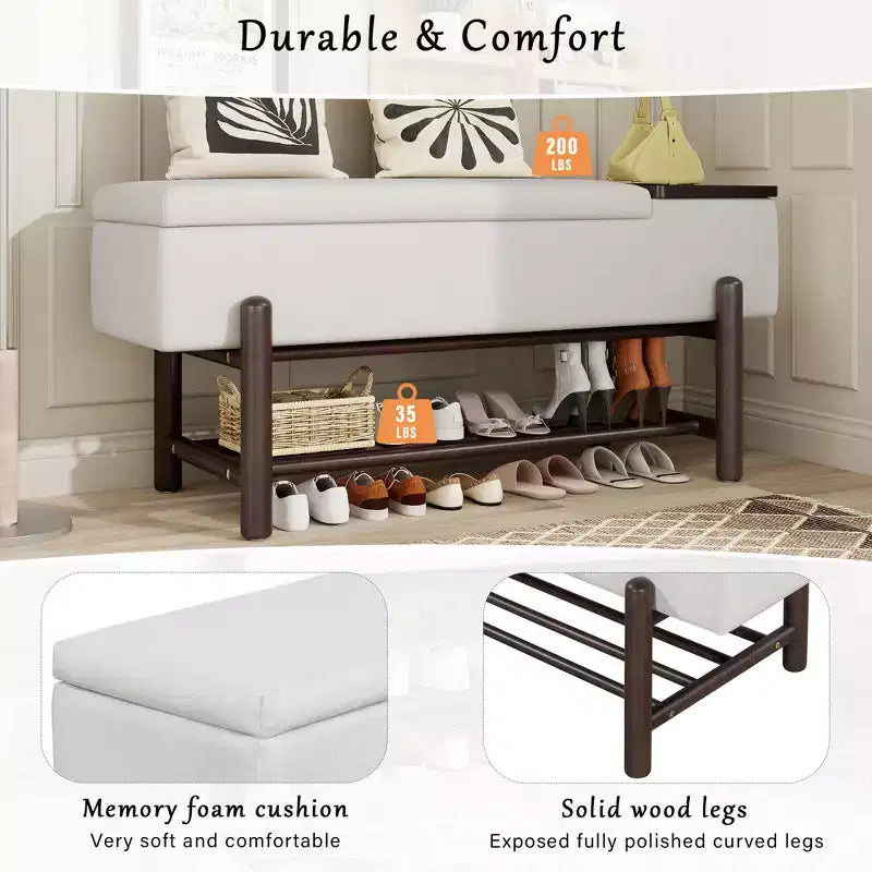 Farmhouse Upholstered Storage Bench, Modern Entryway Bench with Hidden Compartment & Lower Rack - ModernLuxe
