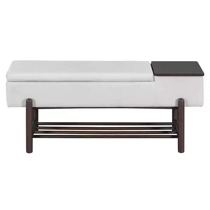 Farmhouse Upholstered Storage Bench, Modern Entryway Bench with Hidden Compartment & Lower Rack - ModernLuxe