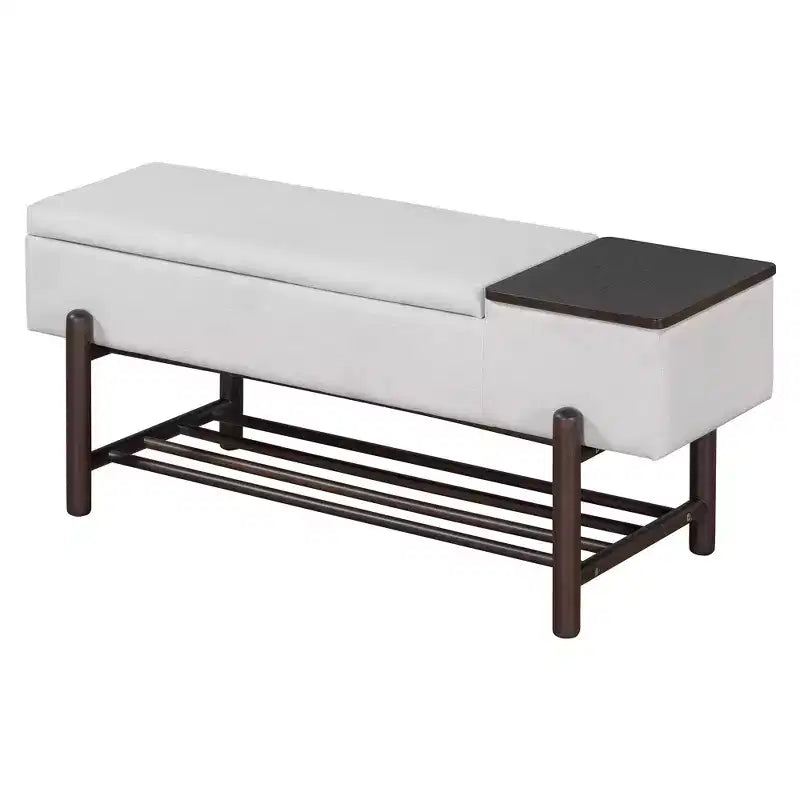 Farmhouse Upholstered Storage Bench, Modern Entryway Bench with Hidden Compartment & Lower Rack - ModernLuxe