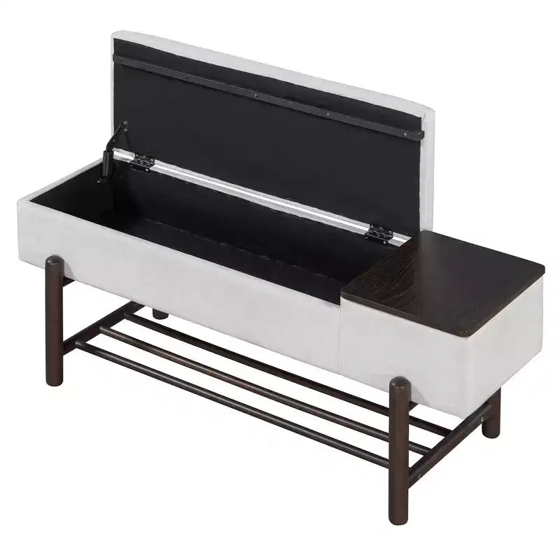 Farmhouse Upholstered Storage Bench, Modern Entryway Bench with Hidden Compartment & Lower Rack - ModernLuxe