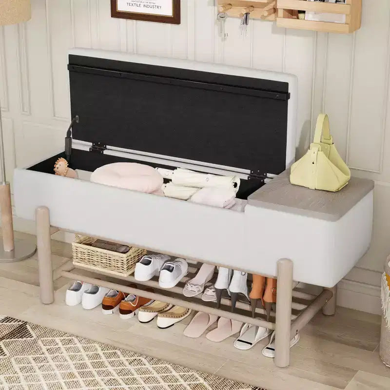 Farmhouse Upholstered Storage Bench, Modern Entryway Bench with Hidden Compartment & Lower Rack - ModernLuxe