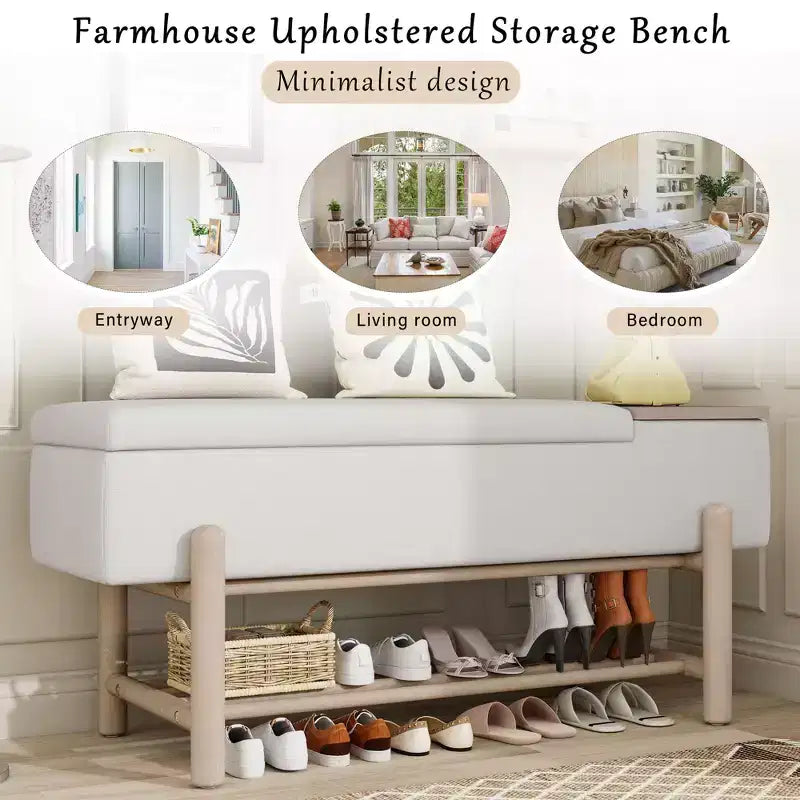 Farmhouse Upholstered Storage Bench, Modern Entryway Bench with Hidden Compartment & Lower Rack - ModernLuxe