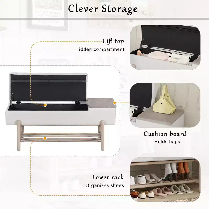 Farmhouse Upholstered Storage Bench, Modern Entryway Bench with Hidden Compartment & Lower Rack - ModernLuxe