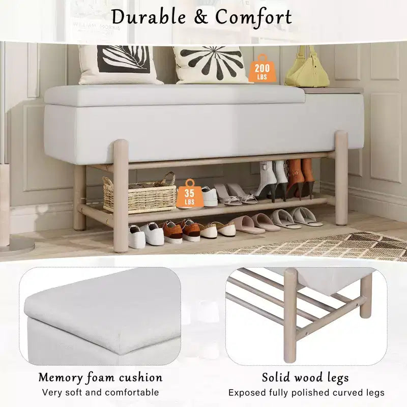 Farmhouse Upholstered Storage Bench, Modern Entryway Bench with Hidden Compartment & Lower Rack - ModernLuxe