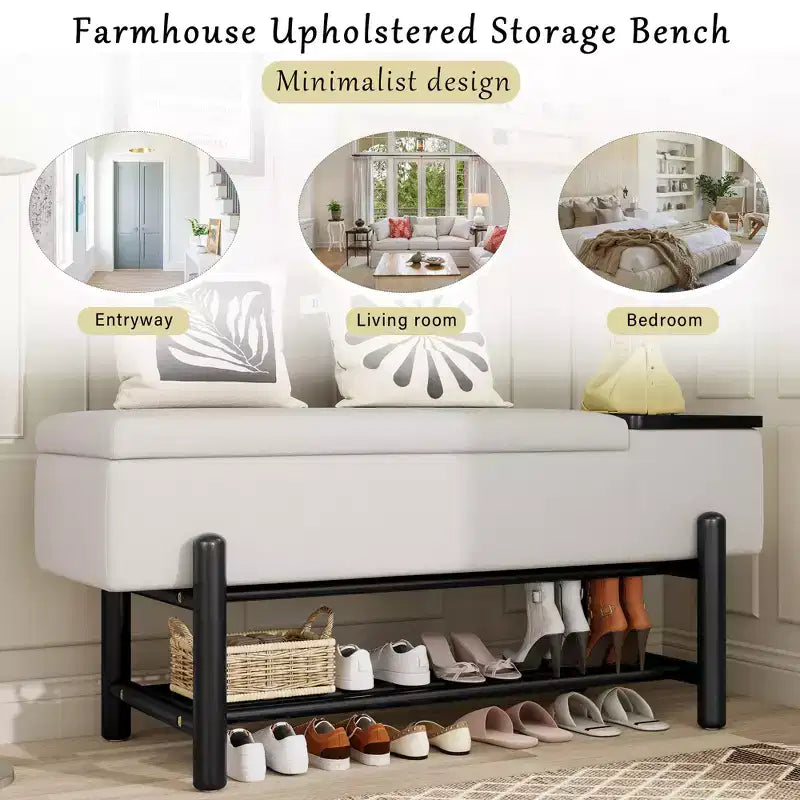 Farmhouse Upholstered Storage Bench, Modern Entryway Bench with Hidden Compartment & Lower Rack - ModernLuxe