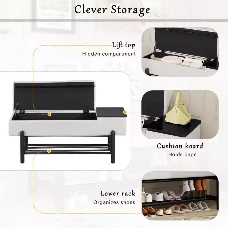 Farmhouse Upholstered Storage Bench, Modern Entryway Bench with Hidden Compartment & Lower Rack - ModernLuxe