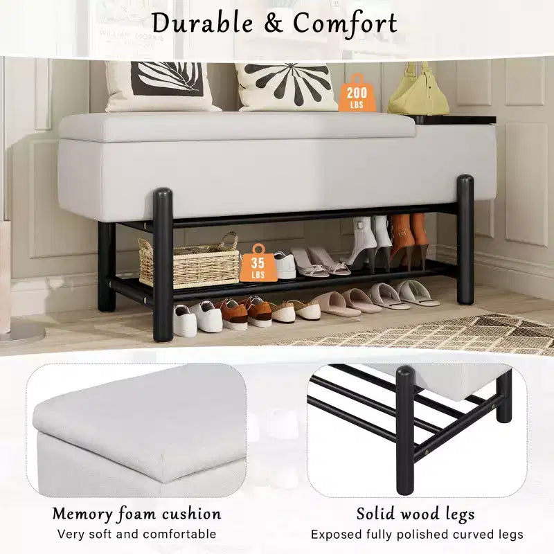 Farmhouse Upholstered Storage Bench, Modern Entryway Bench with Hidden Compartment & Lower Rack - ModernLuxe