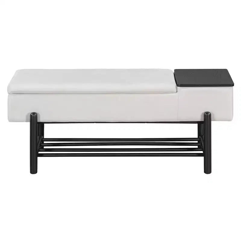 Farmhouse Upholstered Storage Bench, Modern Entryway Bench with Hidden Compartment & Lower Rack - ModernLuxe