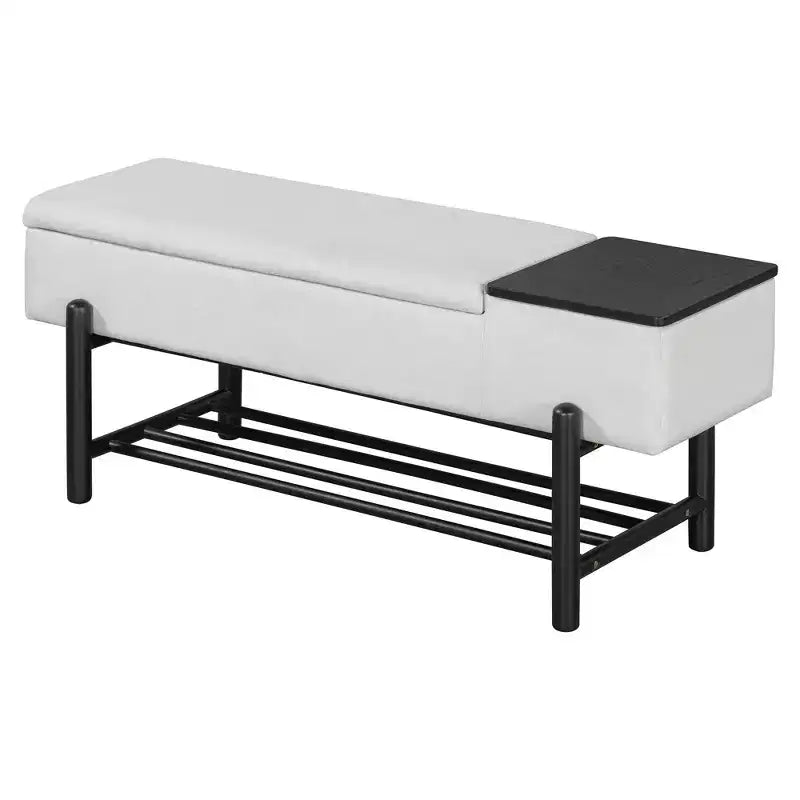 Farmhouse Upholstered Storage Bench, Modern Entryway Bench with Hidden Compartment & Lower Rack - ModernLuxe