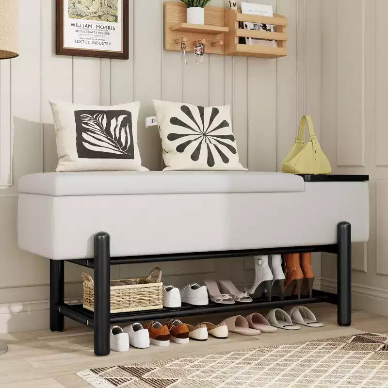Farmhouse Upholstered Storage Bench, Modern Entryway Bench with Hidden Compartment & Lower Rack - ModernLuxe