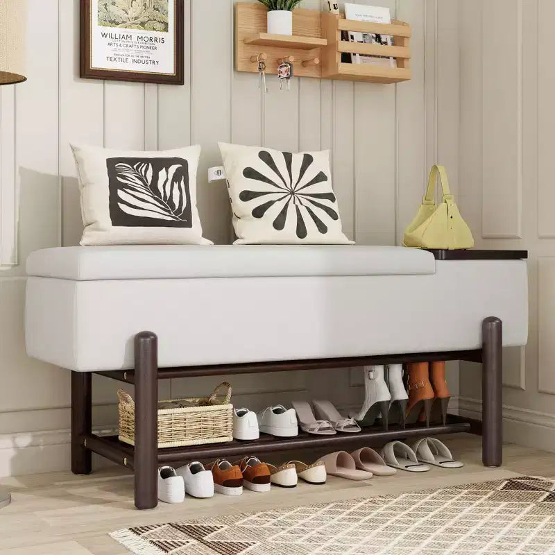 Farmhouse Upholstered Storage Bench, Modern Entryway Bench with Hidden Compartment & Lower Rack - ModernLuxe
