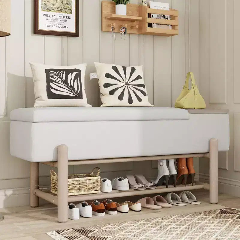 Farmhouse Upholstered Storage Bench, Modern Entryway Bench with Hidden Compartment & Lower Rack - ModernLuxe