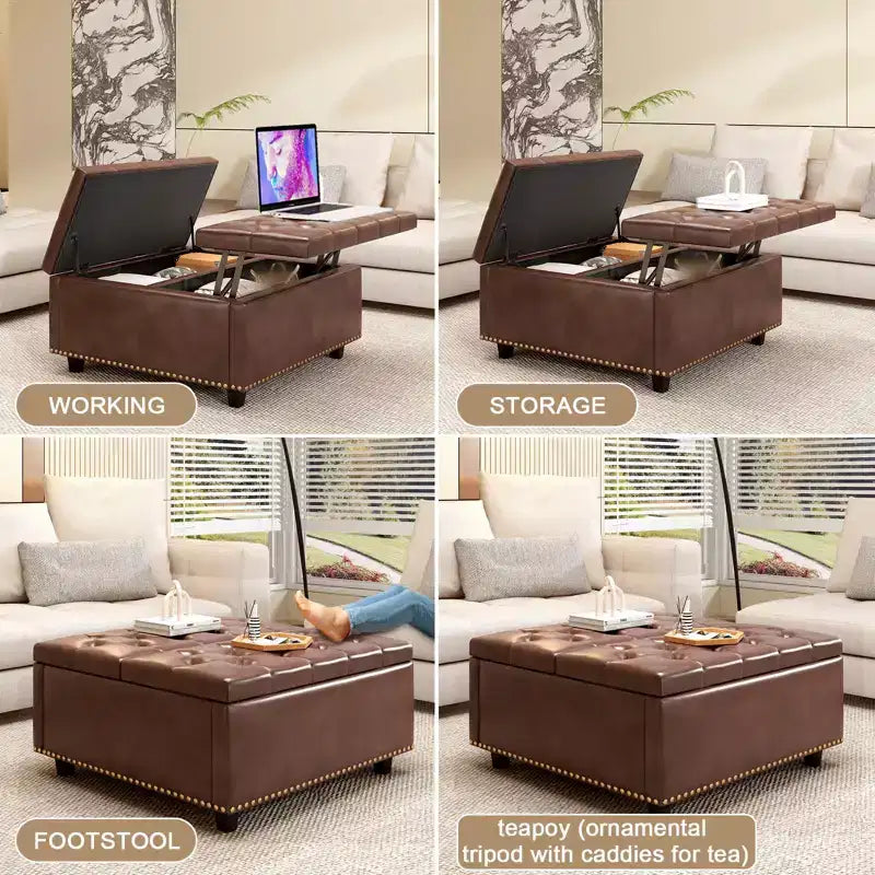 32 Leather Coffee Table Storage Ottoman, Square Lift-Top Ottoman Cube Bench, Large Square Storage Coffee Table