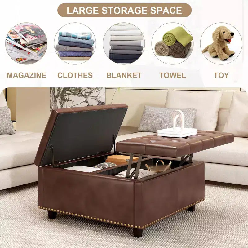 32 Leather Coffee Table Storage Ottoman, Square Lift-Top Ottoman Cube Bench, Large Square Storage Coffee Table