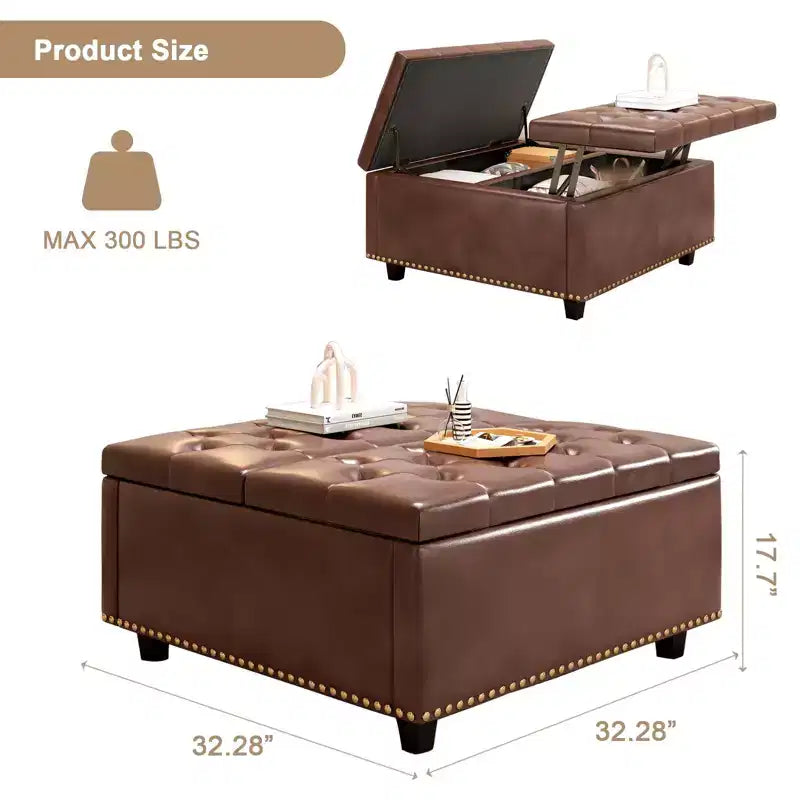 32 Leather Coffee Table Storage Ottoman, Square Lift-Top Ottoman Cube Bench, Large Square Storage Coffee Table
