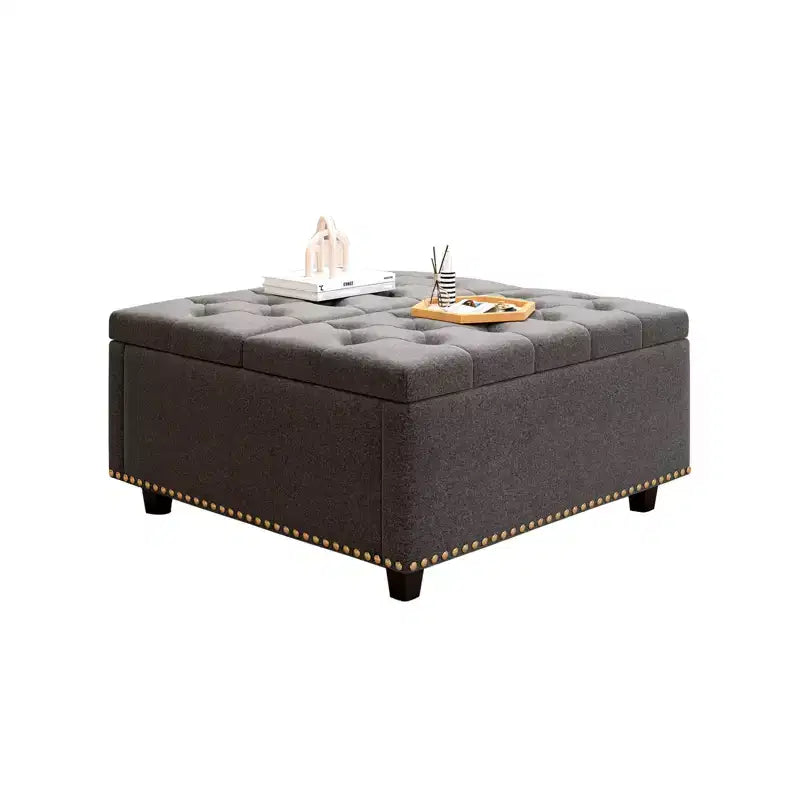32 Leather Coffee Table Storage Ottoman, Square Lift-Top Ottoman Cube Bench, Large Square Storage Coffee Table