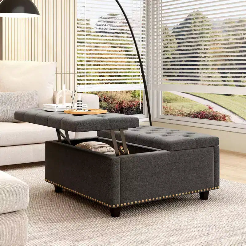 32 Leather Coffee Table Storage Ottoman, Square Lift-Top Ottoman Cube Bench, Large Square Storage Coffee Table