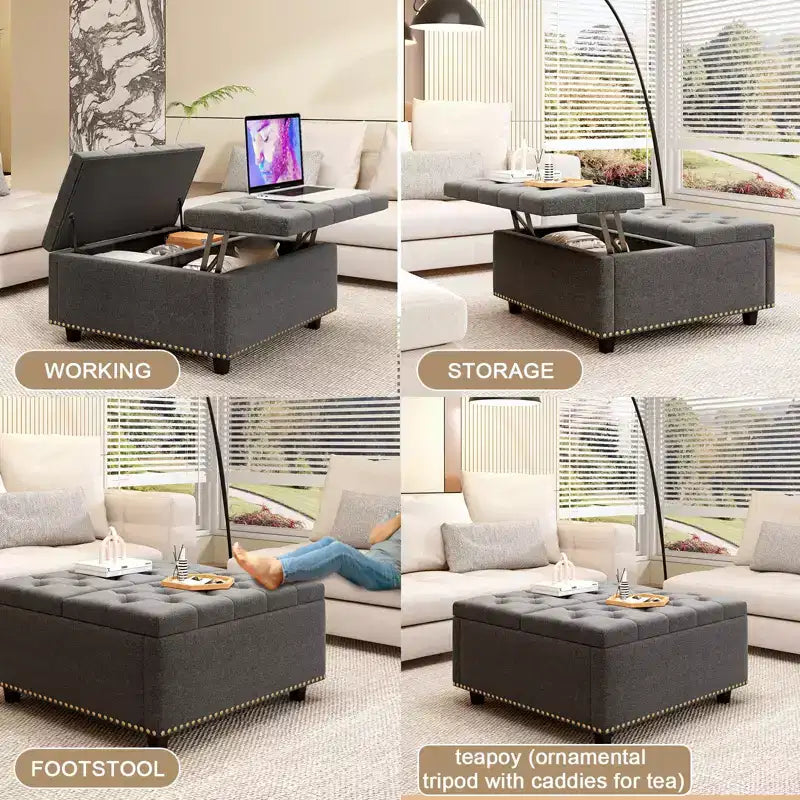32 Leather Coffee Table Storage Ottoman, Square Lift-Top Ottoman Cube Bench, Large Square Storage Coffee Table