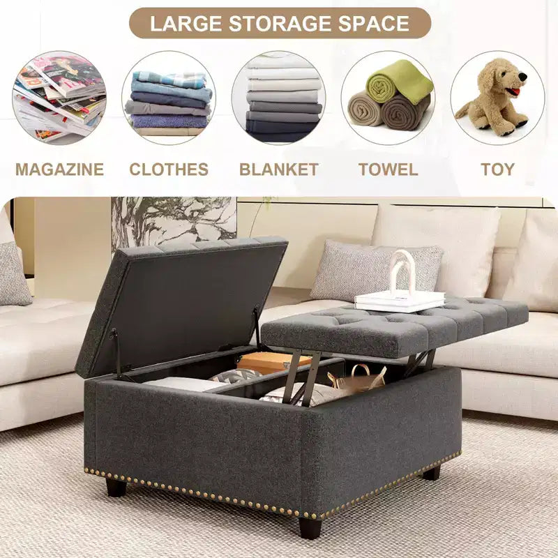 32 Leather Coffee Table Storage Ottoman, Square Lift-Top Ottoman Cube Bench, Large Square Storage Coffee Table