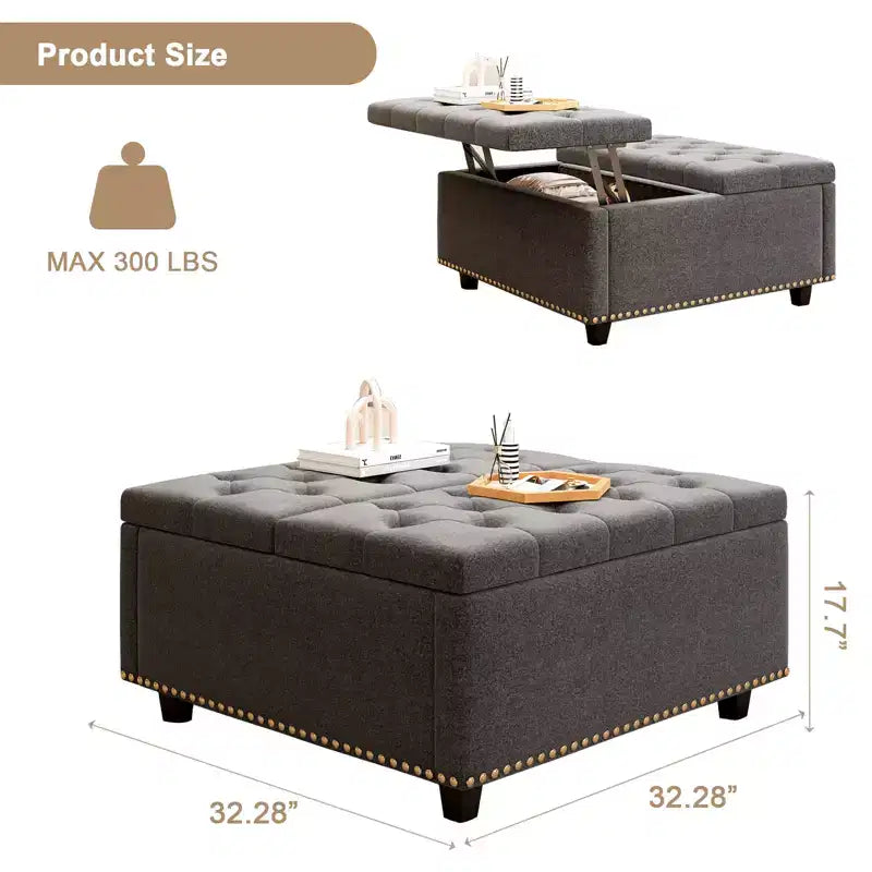 32 Leather Coffee Table Storage Ottoman, Square Lift-Top Ottoman Cube Bench, Large Square Storage Coffee Table