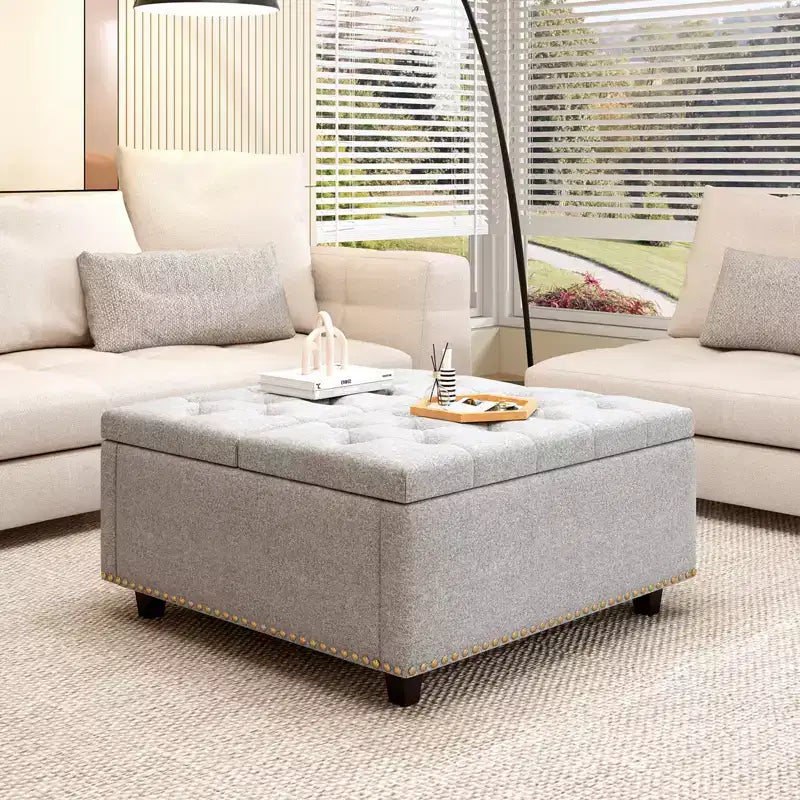 32 Leather Coffee Table Storage Ottoman, Square Lift-Top Ottoman Cube Bench, Large Square Storage Coffee Table