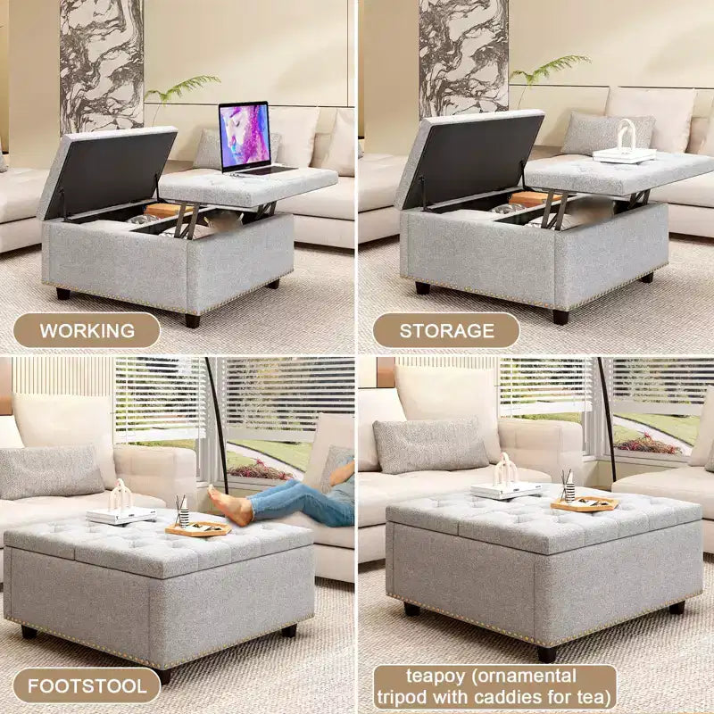 32 Leather Coffee Table Storage Ottoman, Square Lift-Top Ottoman Cube Bench, Large Square Storage Coffee Table
