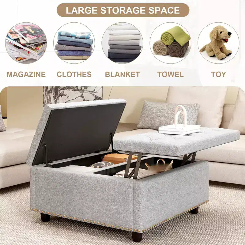 32 Leather Coffee Table Storage Ottoman, Square Lift-Top Ottoman Cube Bench, Large Square Storage Coffee Table