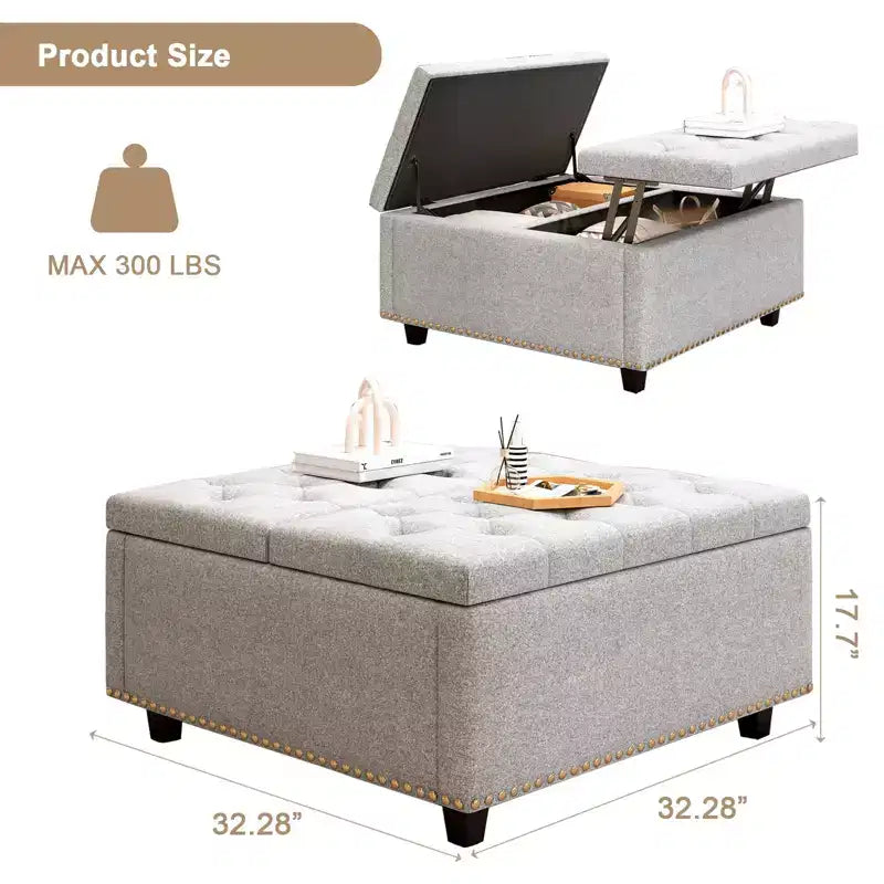 32 Leather Coffee Table Storage Ottoman, Square Lift-Top Ottoman Cube Bench, Large Square Storage Coffee Table
