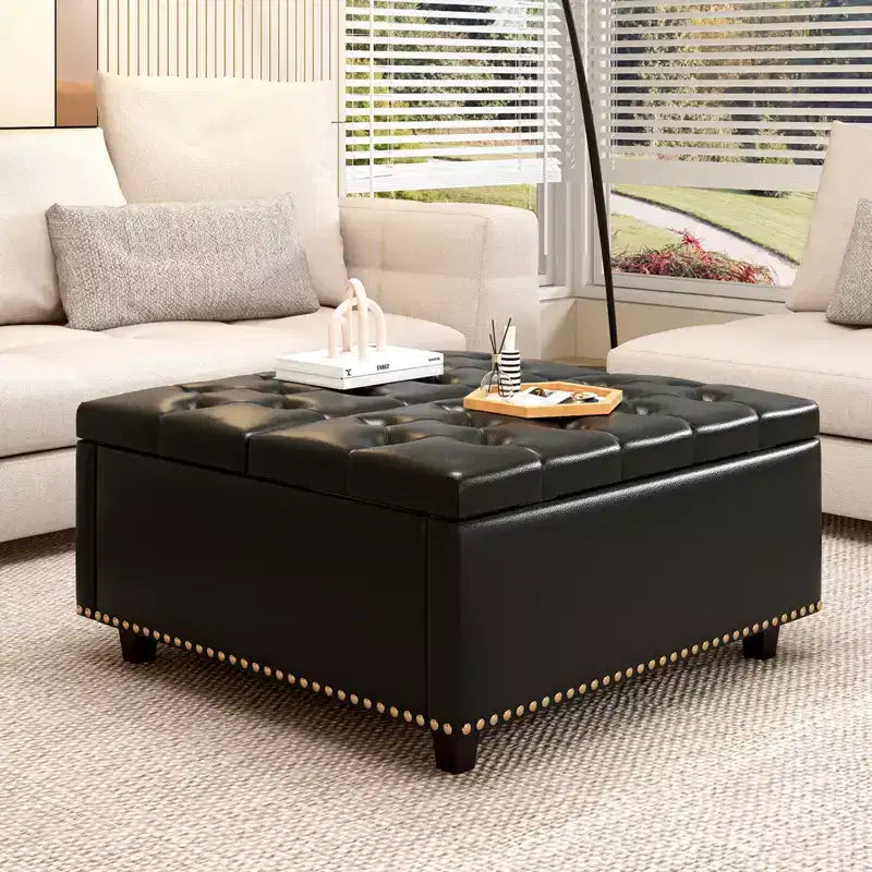 32 Leather Coffee Table Storage Ottoman, Square Lift-Top Ottoman Cube Bench, Large Square Storage Coffee Table
