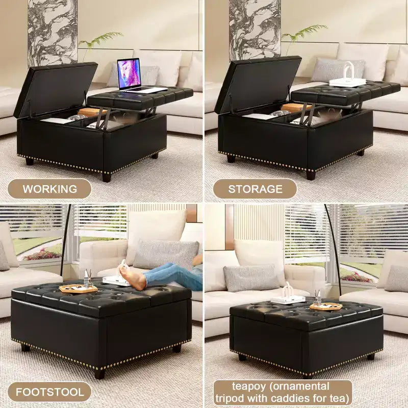 32 Leather Coffee Table Storage Ottoman, Square Lift-Top Ottoman Cube Bench, Large Square Storage Coffee Table