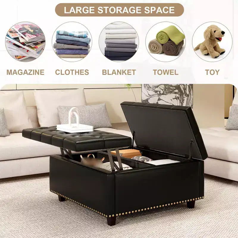 32 Leather Coffee Table Storage Ottoman, Square Lift-Top Ottoman Cube Bench, Large Square Storage Coffee Table