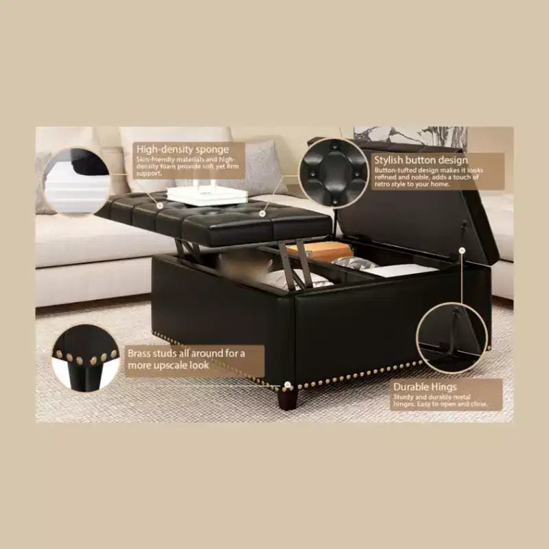 32 Leather Coffee Table Storage Ottoman, Square Lift-Top Ottoman Cube Bench, Large Square Storage Coffee Table