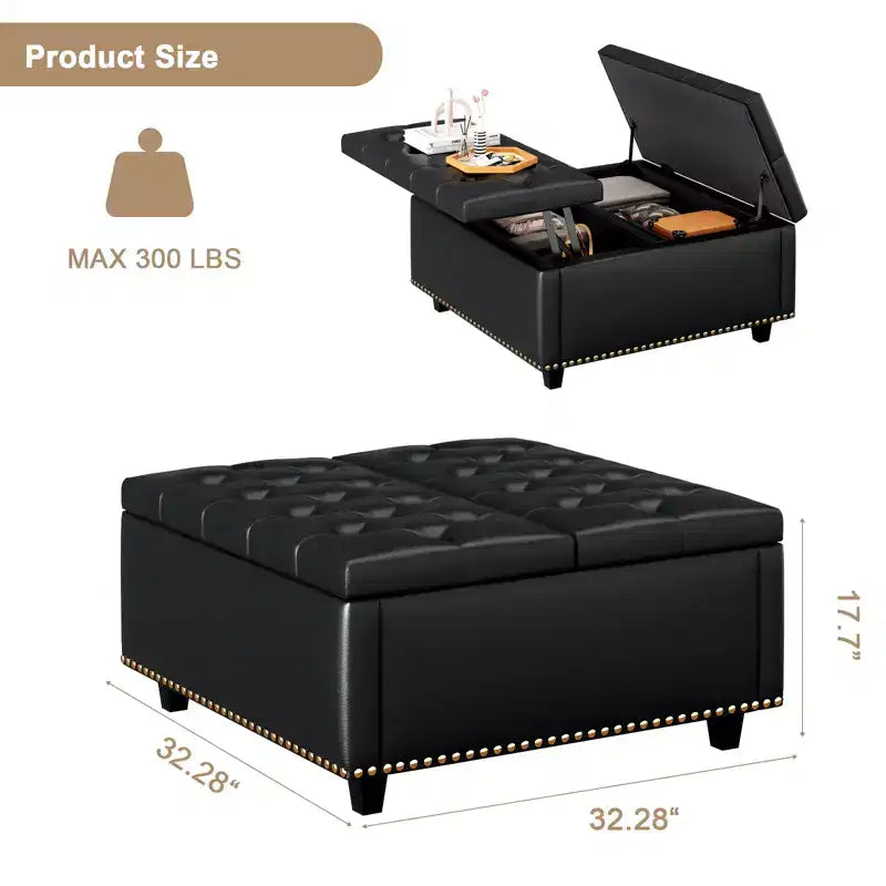 32 Leather Coffee Table Storage Ottoman, Square Lift-Top Ottoman Cube Bench, Large Square Storage Coffee Table