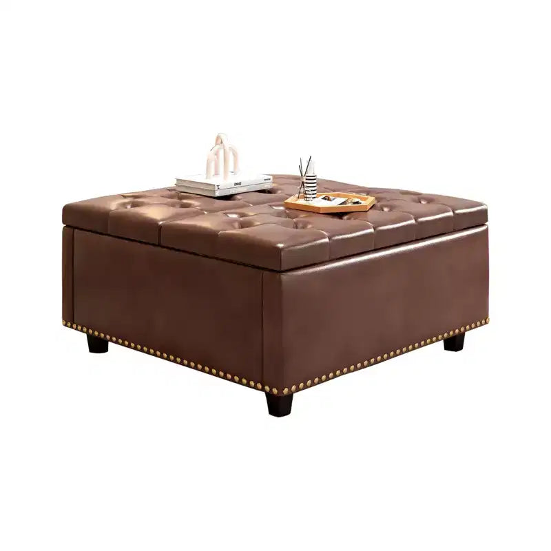 32 Leather Coffee Table Storage Ottoman, Square Lift-Top Ottoman Cube Bench, Large Square Storage Coffee Table